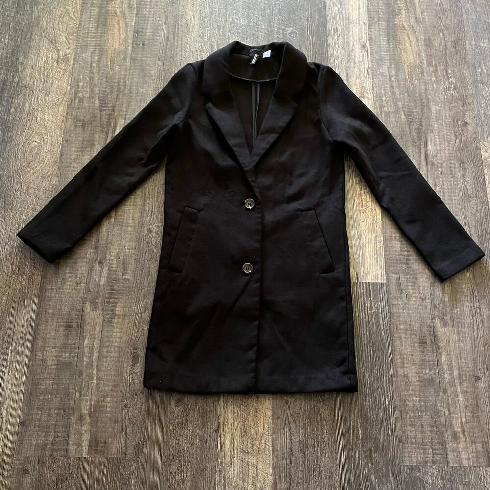 H&M Divided Black Long Blazer Coat Women's XS Double Breasted Lined Buttons